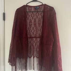 Burgundy Lace Fringe Open Cardigan